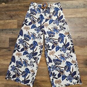 Sigrid Olsen Pants Blue Floral  Belted Wide Leg Cropped Capri Beachy Coastal 6